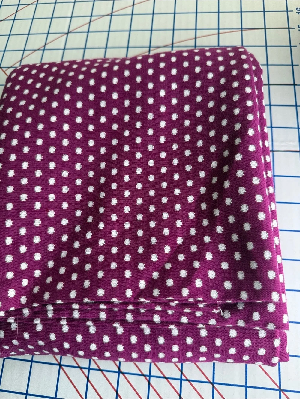Vintage 60s 70s Tubular Polyester Knit Fabric Berry White Dot 1 3/4 Yards